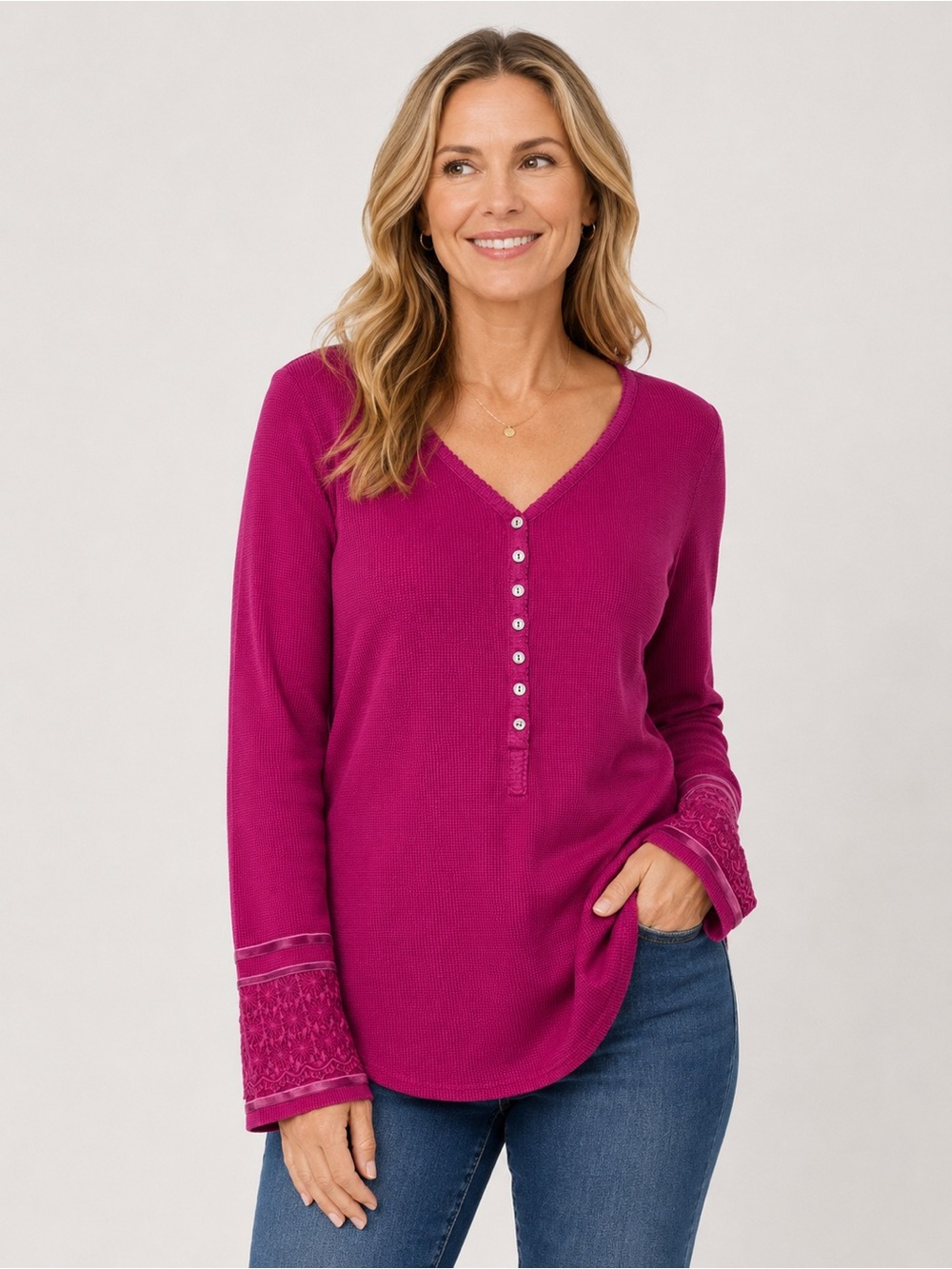 Sundance Thermal Waffle Henley Women's Size Large Embroidered Trim Cuff Pink